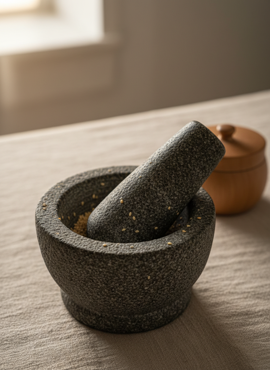 A well-used stone mortar and pestle, its surface etched with fine grooves from years of grinding sesame seeds and garlic, sits centered on a lightly textured linen cloth in muted beige. Tiny flecks of sesame cling to the stone, and a small, wooden salt cellar is placed slightly out of focus behind it. Soft morning light from a nearby window bathes the scene, creating gentle highlights on the stone’s rounded edges and calm, diffused shadows. Photographed from a slightly elevated angle with a minimalist composition and shallow depth of field, the mood is serene and introspective, evoking the quiet ritual of preparing Korean home cooking with patience and inherited wisdom, in an elegant, photographic style.