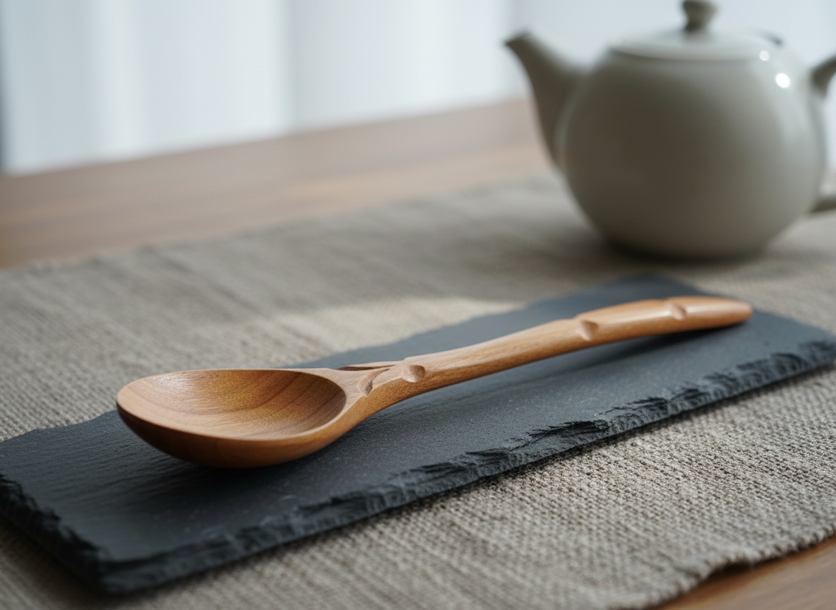 A minimalist still life of a single, intricately carved wooden Korean spoon resting diagonally across a narrow, rectangular slate plate. The spoon’s grain is visible, warm and fine, with a subtle satin finish that catches threads of light. Beneath the plate, a textured hemp table runner in soft gray extends toward the blurred background, where the faint outline of a ceramic teapot sits out of focus. Cool, diffused window light from the right creates delicate highlights along the spoon’s edges and soft, velvety shadows. Captured with a shallow depth of field and generous negative space, the image feels contemplative, refined, and almost poetic, suggesting the quiet elegance and restraint of Korean wisdom in daily rituals, in a polished photographic style.