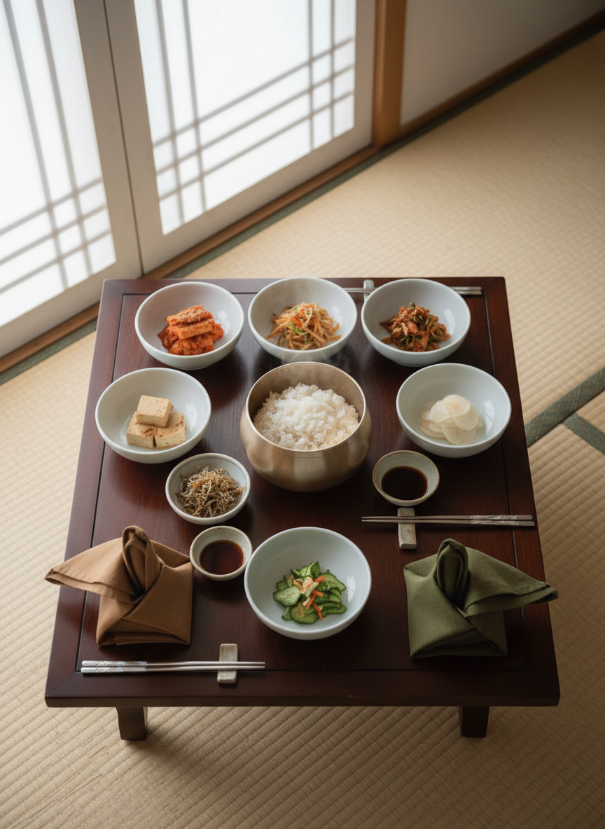 An overhead photographic view of a low, traditional Korean wooden dining table neatly set for a simple home meal, yet without any diners present. There are small, white porcelain bowls arranged in balanced symmetry, each with a different banchan portioned modestly, surrounding a central brass bowl of steaming rice whose surface is just visible. Cotton napkins in muted earth tones are folded with almost architectural precision. Soft, indirect daylight from a nearby paper-covered window washes the scene in a gentle, even glow, softening all shadows. The composition emphasizes geometry and order, with sharp focus across the entire table, creating a calm, sophisticated atmosphere that speaks to the unspoken rules, respect, and love embedded in Korean family tables.