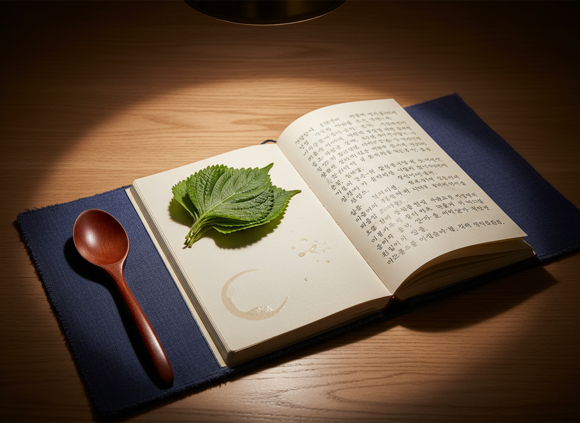 An open, cloth-bound recipe notebook with slightly yellowed pages rests on a low, natural wood table. The visible page shows neat, handwritten Hangul lines accompanied by small grease spots and a faint ring from an old teacup. Beside the notebook lies a lacquered wooden spoon and a sprig of fresh green perilla leaf on a simple white plate. Soft, warm pendant lighting from above forms a gentle pool of light around the notebook, leaving the edges of the frame in subtle shadow. Captured at a slight diagonal from above with a rule-of-thirds composition, the photograph feels intimate and respectful, suggesting generations of Korean home-cooking wisdom carefully preserved and quietly consulted, in a refined, photographic style.