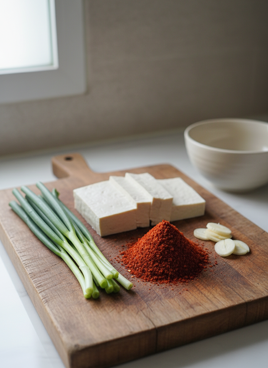 On a rustic, slightly weathered wooden cutting board, neatly arranged ingredients for a classic Korean home dish are displayed: trimmed scallions, sliced tofu with smooth white surfaces, a small mound of gochugaru, and thin coins of garlic. Each ingredient is carefully spaced, creating a balanced visual rhythm. The background shows a blurred hint of a neutral-toned kitchen wall and a simple ceramic bowl. Bright but soft window light from the left highlights the freshness and textures, from the sheen on the tofu to the matte red of the chili flakes, casting crisp yet gentle shadows. Shot from a moderately high angle with sharp focus on the board and a clean, modern composition, the image feels instructive, wholesome, and rooted in everyday Korean cooking wisdom.