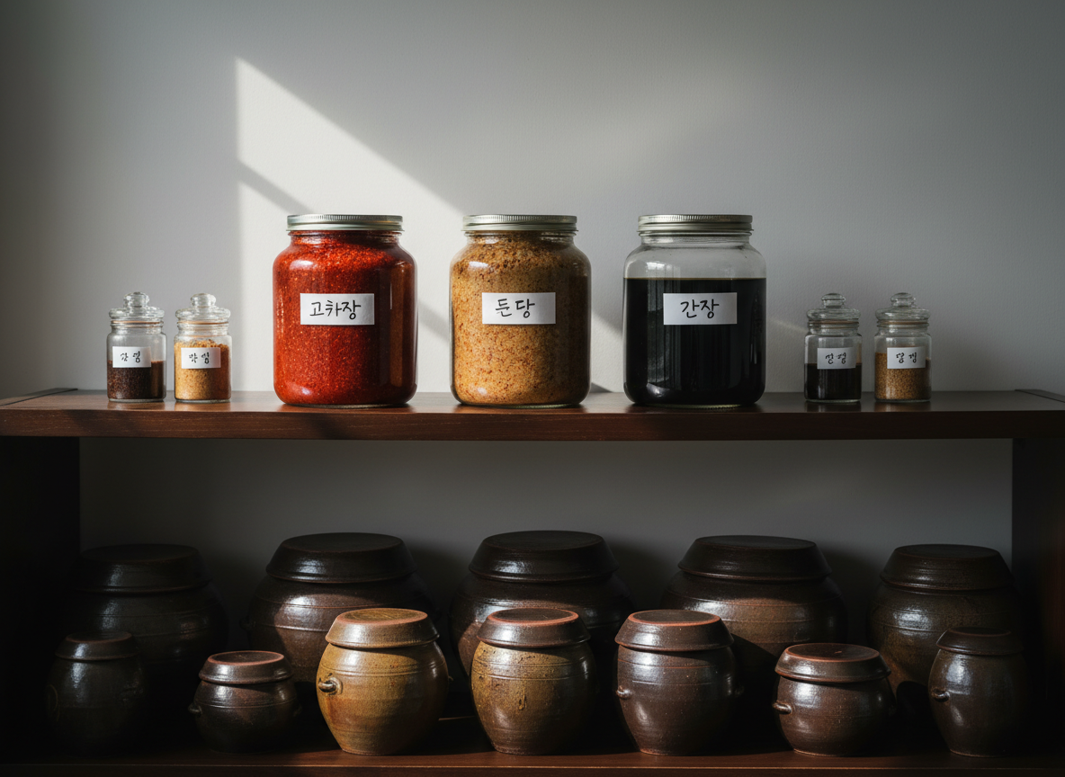 A neatly arranged Korean pantry shelf displays glass jars filled with gochujang, doenjang, and soy sauce, each labeled with simple handwritten tags in Hangul. The jars’ contents show rich, earthy reds and deep browns, their textures visible through the clear glass. The shelf is made of smooth, dark-stained wood, with a few traditional ceramic onggi-style containers placed on the lower level. Soft, side-lit daylight from a nearby window highlights the gloss of the jars and casts calm, linear shadows along the wood grain. Photographed straight on with sharp focus throughout and a balanced, symmetrical composition, the scene feels orderly, sophisticated, and grounded, embodying the quiet discipline and ancestral wisdom of Korean home kitchens in crisp photographic realism.