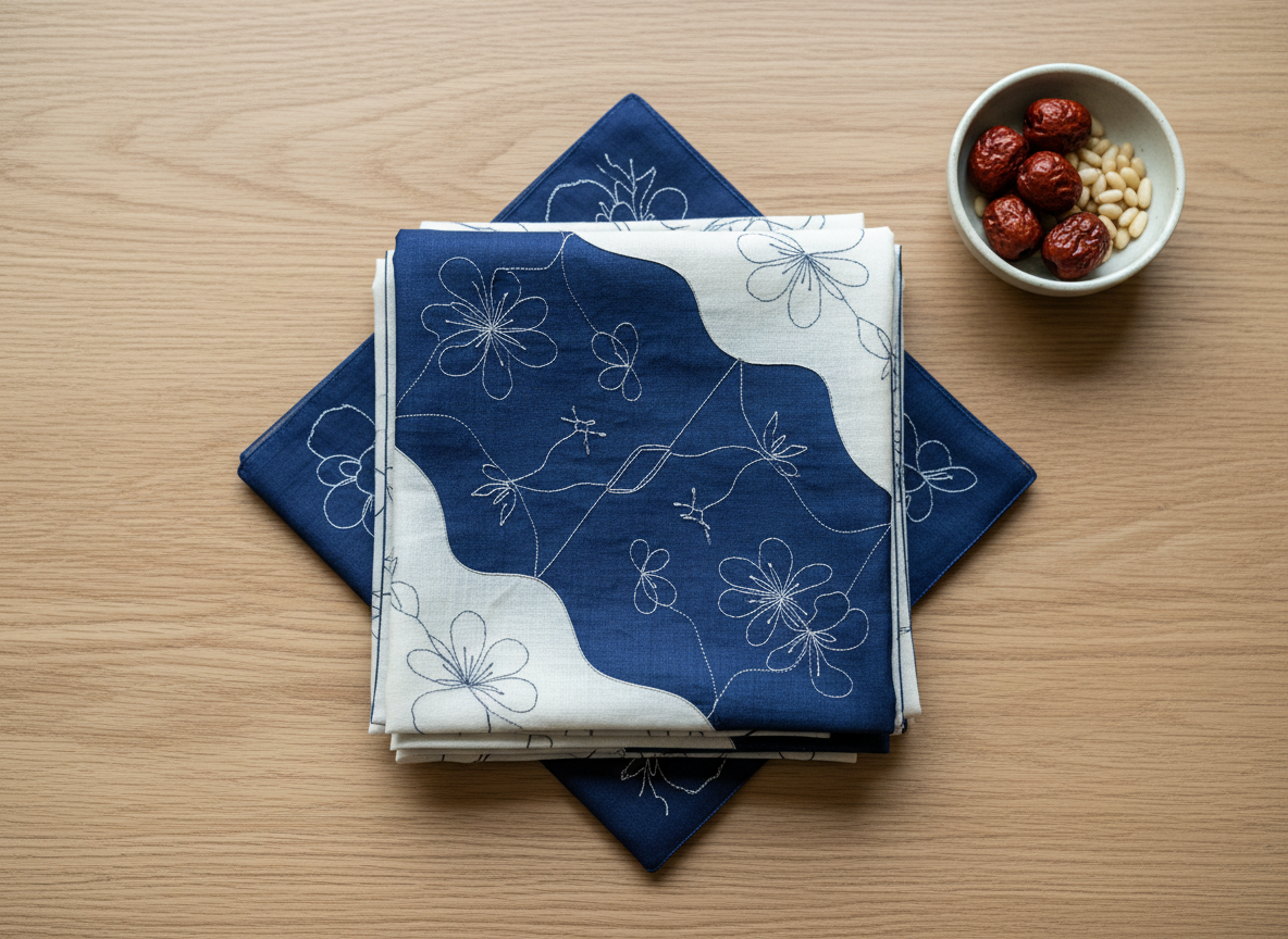 A carefully folded, hand-embroidered Korean bojagi cloth in deep indigo and soft cream lies on a smooth, pale oak surface. Its delicate stitches form subtle floral and geometric patterns, with the fabric’s slightly uneven texture revealing its handmade nature. In the upper corner, a small ceramic dish holds dried jujubes and pine nuts, slightly out of focus. Gentle overcast daylight from above creates even, diffused illumination, enhancing the richness of the colors while keeping shadows soft and understated. Shot from directly above with a clean, centered composition, the image feels sophisticated and meditative, symbolizing the wrapping of family stories, tradition, and love in a modern, photographic realism aesthetic.