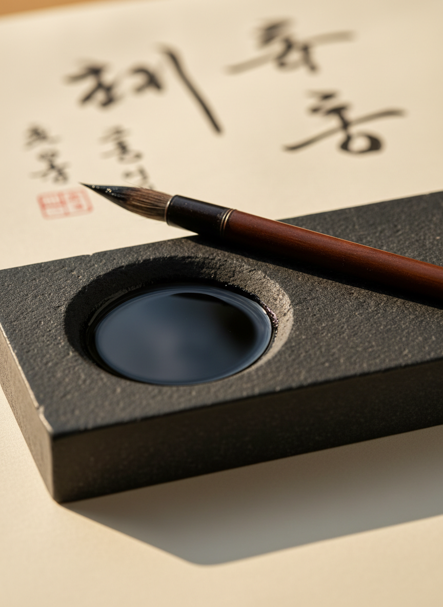 A close-up of a traditional Korean ink stone set for calligraphy, its matte black surface holding a delicate pool of glossy, freshly ground ink. A single bamboo brush rests across the stone’s edge, its bristles finely tapered and slightly stained. In the softly blurred background lies a sheet of cream-colored hanji paper with faint, partially written Hangul characters, their strokes elegant and measured. Warm afternoon light from the upper left brushes across the scene, creating subtle reflections on the ink’s surface and gentle shadows from the brush. Photographed at a low, intimate angle with shallow depth of field, the mood is contemplative and scholarly, evoking the quiet transmission of wisdom and proverbs in a refined, photographic realism style.